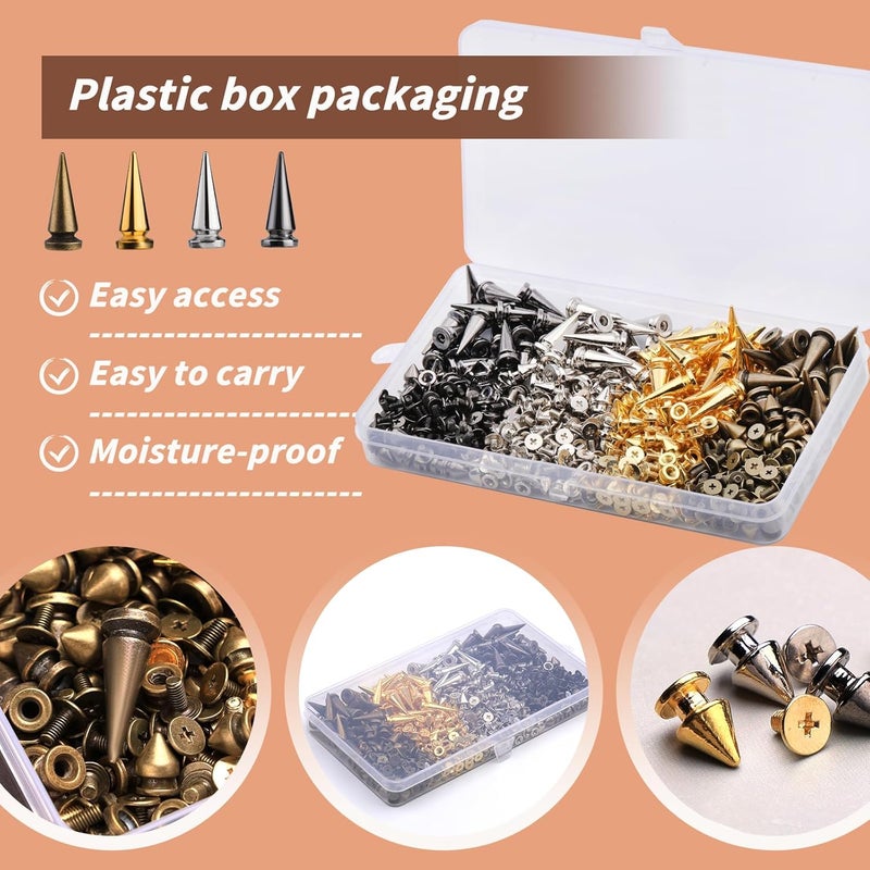 QMNNMA 240 Sets Punk Spikes and Studs Kit, 4 Colors Cone Spikes, 3 Sizes Metal Tree Spikes Screwback Studs for DIY Leathercraft and Punk Style Clothing Accessories - Image 5